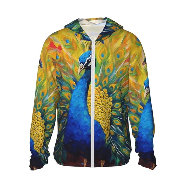 Fotbe Peacocks Chaqueta con Protección Solar UPF 50+ para Hombre y Mujer, Camisa con Capucha y Bolsillos-3X-Large