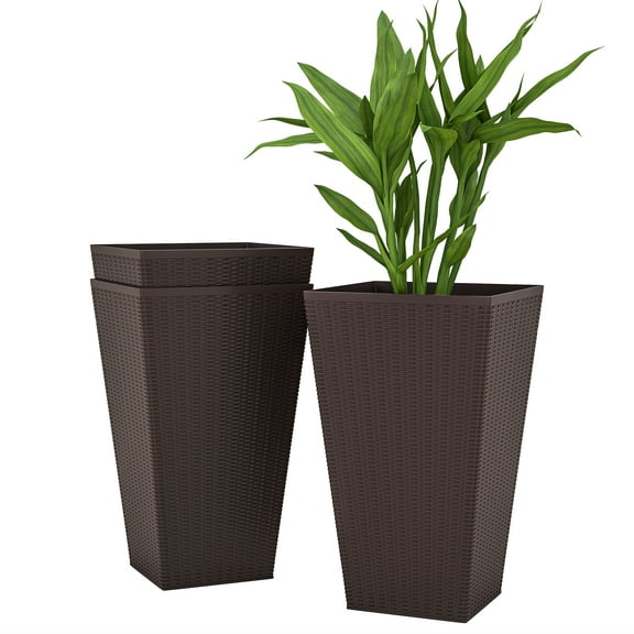 Set of 3 Tall Planters with Drainage Hole, 24" Outdoor Flower Plant Pots, Indoor Planters for Porch, Front Door, Entryway, Patio and Deck, Brown
