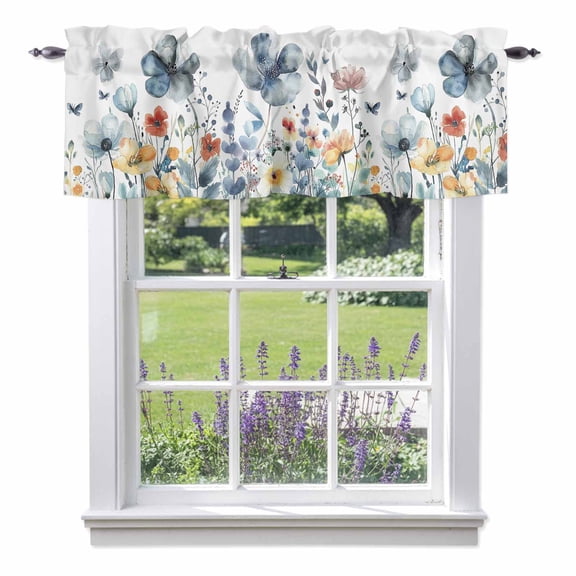 Spring Floral Light Filtering Valance Curtains, Pastoral Blue Wildflowers Plants Rod Pocket Short Window Valance for Kitchen and Bathroom Windows 1 Panel 54"x18"