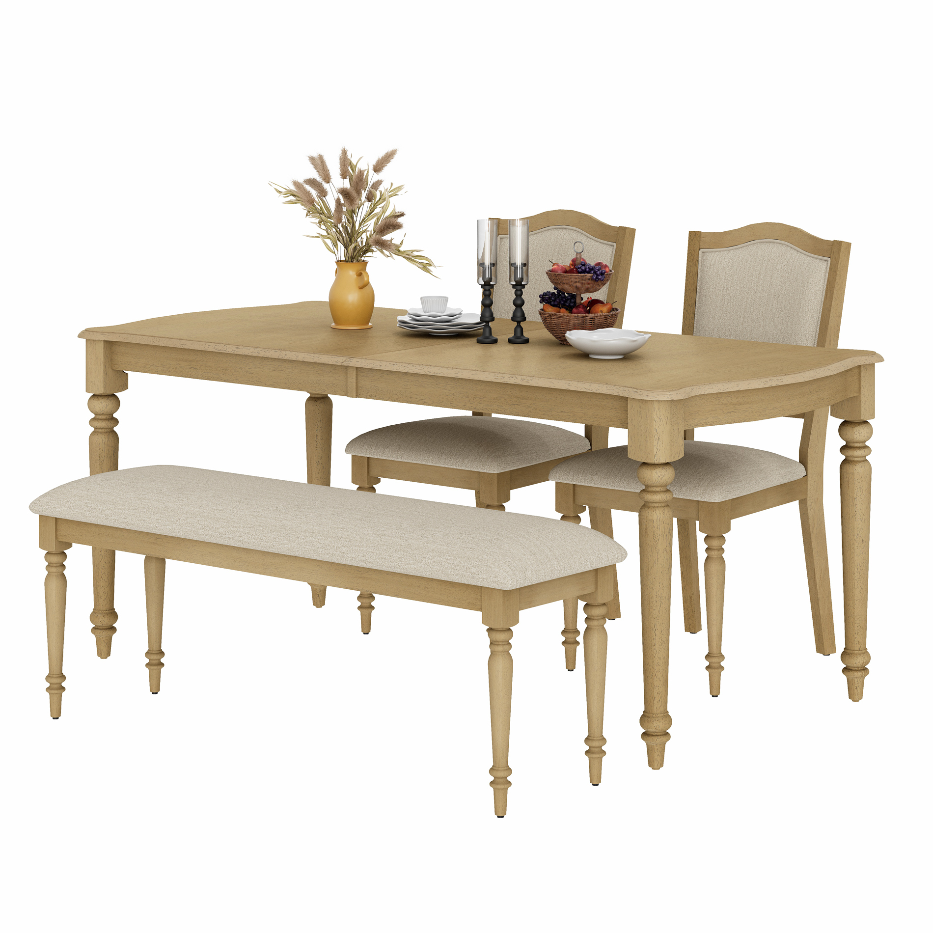4 Piece Dining Table Set for 4-8 People - Includes One Dining Table, 1 Upholstered Benches and 2 Wood Dining Chairs, Rustic Dining Set for Kitchen, Oak