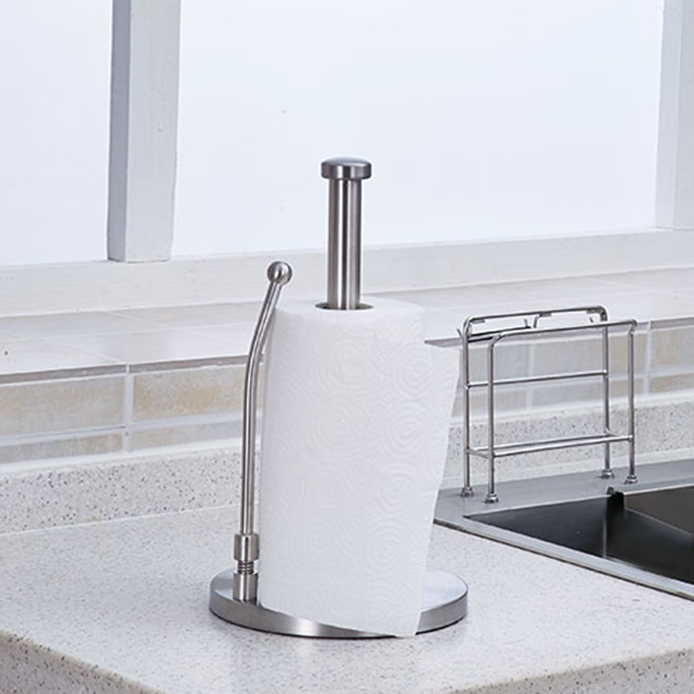 BOKYAN Premium Stainless Steel Paper Towel Holder with Spring-Activated Side Arm, Durable Kitchen Countertop Roll Organizer, 15 inches / 38 cm