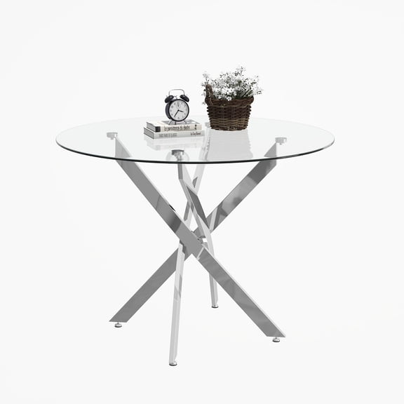 35.5" Round Glass Dining Table with Silver Legs, Modern Elegant Table for Kitchen, Dining Room & Home