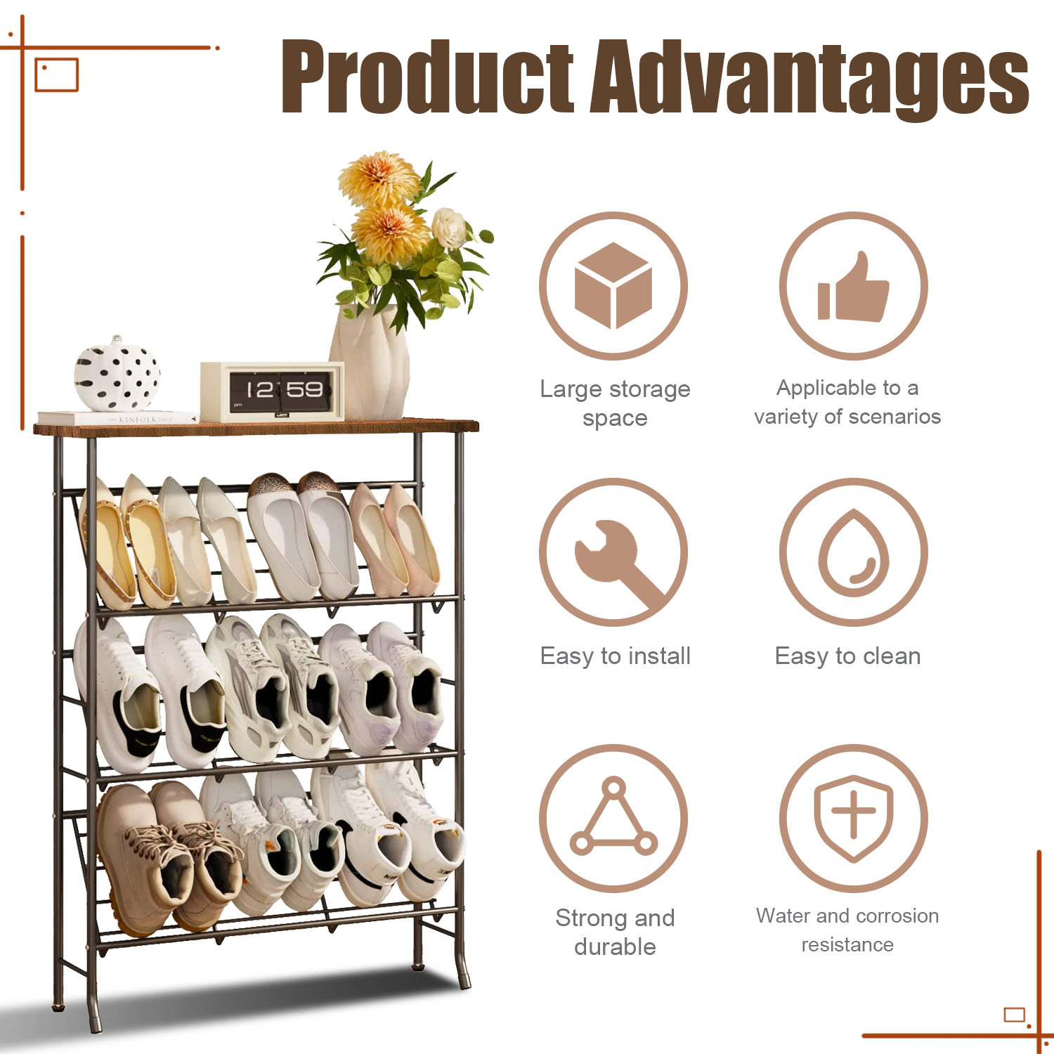 Luniquz 4-Tier Shoe Rack Organizer for Closet Entryway,Metal Iron Shoes Organizer with Wood Top ,Stackable Shoe Shelf for Doorway