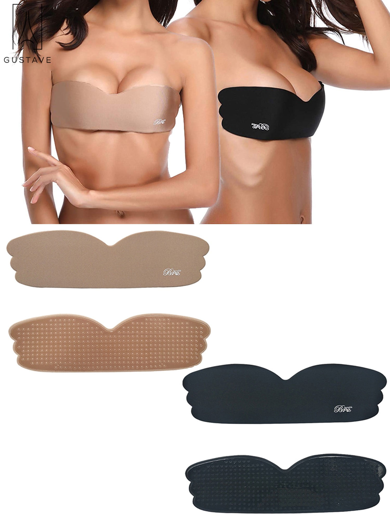  Women Strapless Bra Breast Lift Push Up Bra Self Adhesive  Silicone Bra Tan Bra for Women (Black, B) : 服裝，鞋子和珠寶