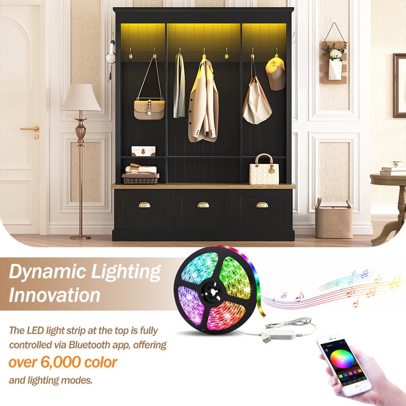 Elegant LED Lighted Hall Tree with 9 Hooks, Entryway Bench with 3 Storage Cabinets and Shelves, Farmhouse Coat Rack Mudroom Organizer with APP Controlled RGB Lighting