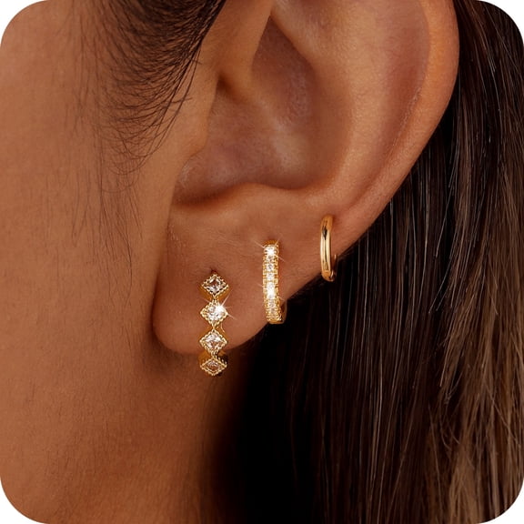GOSFRY 3 Pairs CZ Huggie Hoop Earrings for Women Dainty 14K Gold Plated Multi-Style Hypoallergenic Earring Set for Multiple Piercing Jewelry Gifts