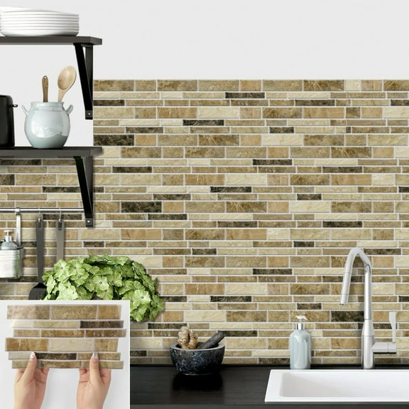 12 Piece Beige Brown Peel and Stick Tile Stickers Marble Bricks 9.68 x 4.72inches DIY Decor Mosaic Wall Decals for Kitchen Bathroom