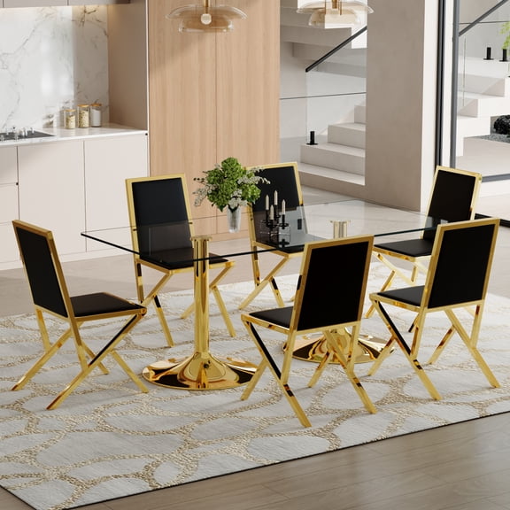 Miekor Table and chair set.71 x 35.4-inch tempered glass table,6 golden metal framed black PU dining chairs. Modern Kitchen Table & 6 Seater Dining Room Furniture Set for Family Gatherings. No4808