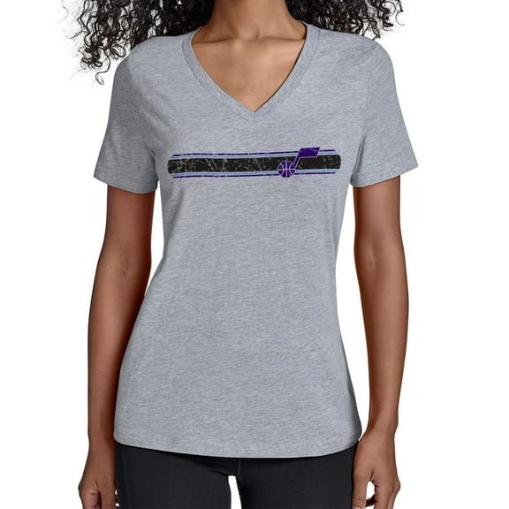 Women's Starter Gray Utah Jazz Team Stripe V-Neck T-Shirt