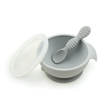 UPC: 0014292639541 | Bumkins Baby Silicone First Feeding Set w/ Bowl Lid & Spoon for Ages 4 months+ (Gray)