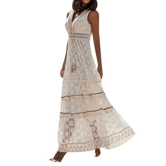 Women's Bohemian Casual Dress Lace Sleeveless Swing Summer Beach Holiday Flowy Comfortable Fashion Stylish Elegant