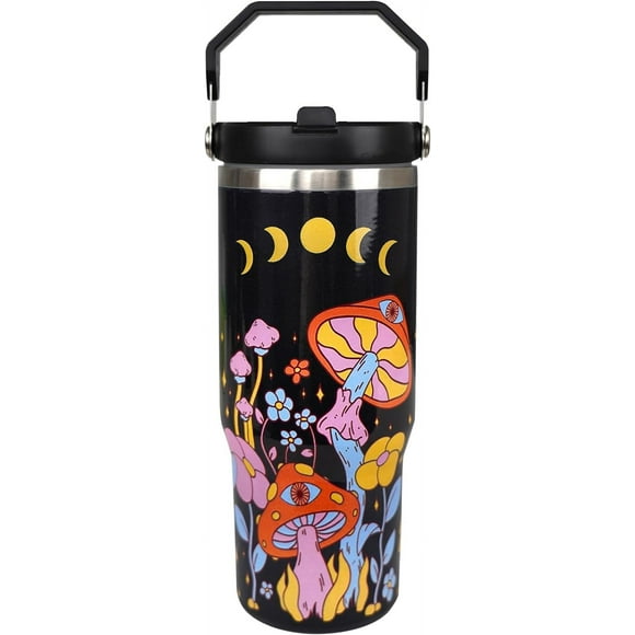 Mushroom 30 oz Tumbler with Handle and Flip Straw，Stainless Steel Double Wall Insulated Travel Bottle with Top Handle Lid, Spill-Proof Tumbler with Straw and Handle for Men Women