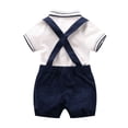thumbnail image 5 of Staki Toddler formal Outfit Boy Newbron Baby Boy Summer Outfit Cotton Linen Button Short Sleeve Bowtie Shirt Romper Suspender Shorts Set 3M 6M 9M,Blue 3-6 Months, 5 of 9