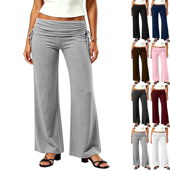 Fold Over Yoga Pants For Women Wide Leg High Waist Gym Stretch Fall Lounge Gaucho Pants | Breathable High Waistband Tummy Control Workout Pants Light Gray L