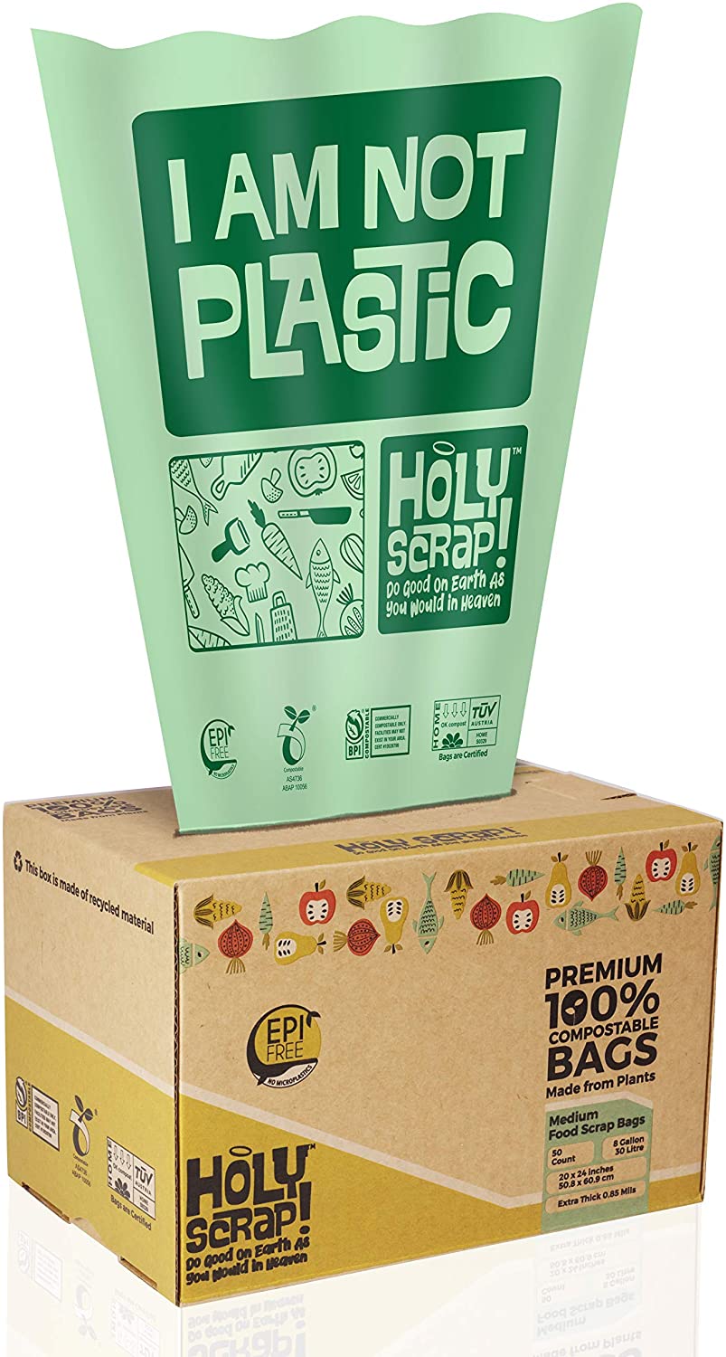 Heavy Duty 0.85 Mils 100/% Compostable Trash Bags US BPI and Europe OK Compost Home Certified Highest ASTM D6400 HOLY SCRAP Medium Home Garbage Liners 30L 100 Count 6-8 Gallon