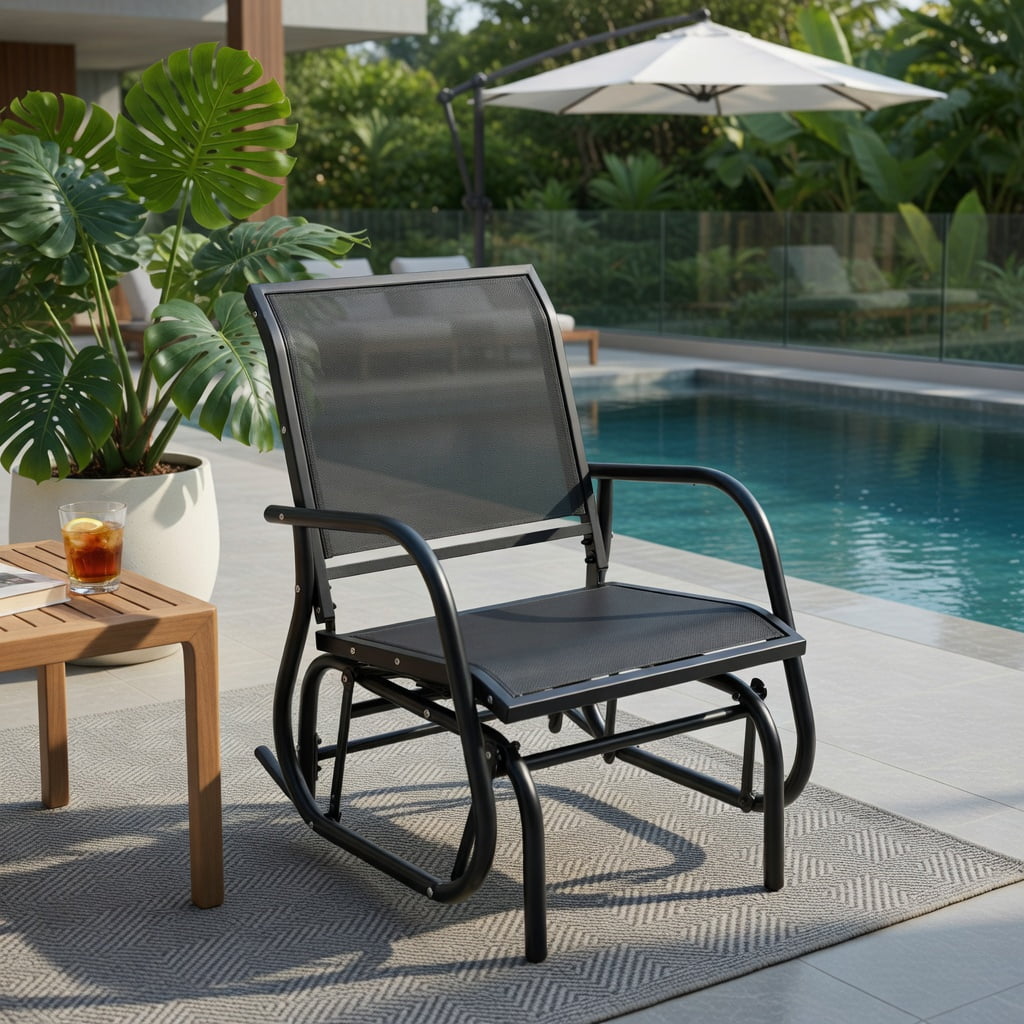 Hommoo Outdoor Single Swing Glider Rocking Chair, Heavy-Duty Steel Frame, Breathable Fabric Seat, All-Weather Patio Relaxation Chair, Black