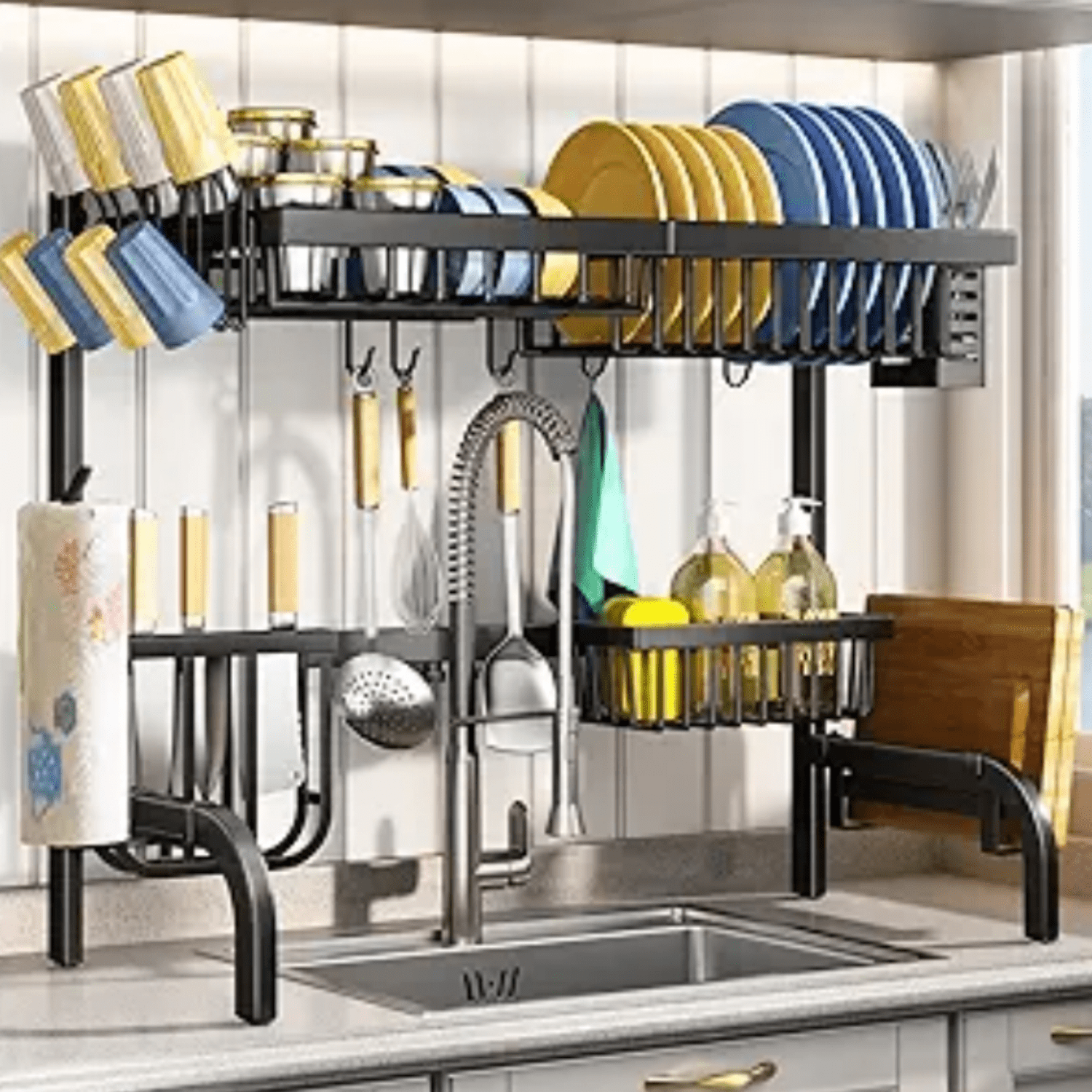 Over The Sink Dish Drying Rack, Adjustable (25.5 to 33.5 inch) 2 Tier Metal Steel Dish Drying Racks for Kitchen Counter with Hooks Paper Towel Utensil Cup Holder Sink Caddy (Black)