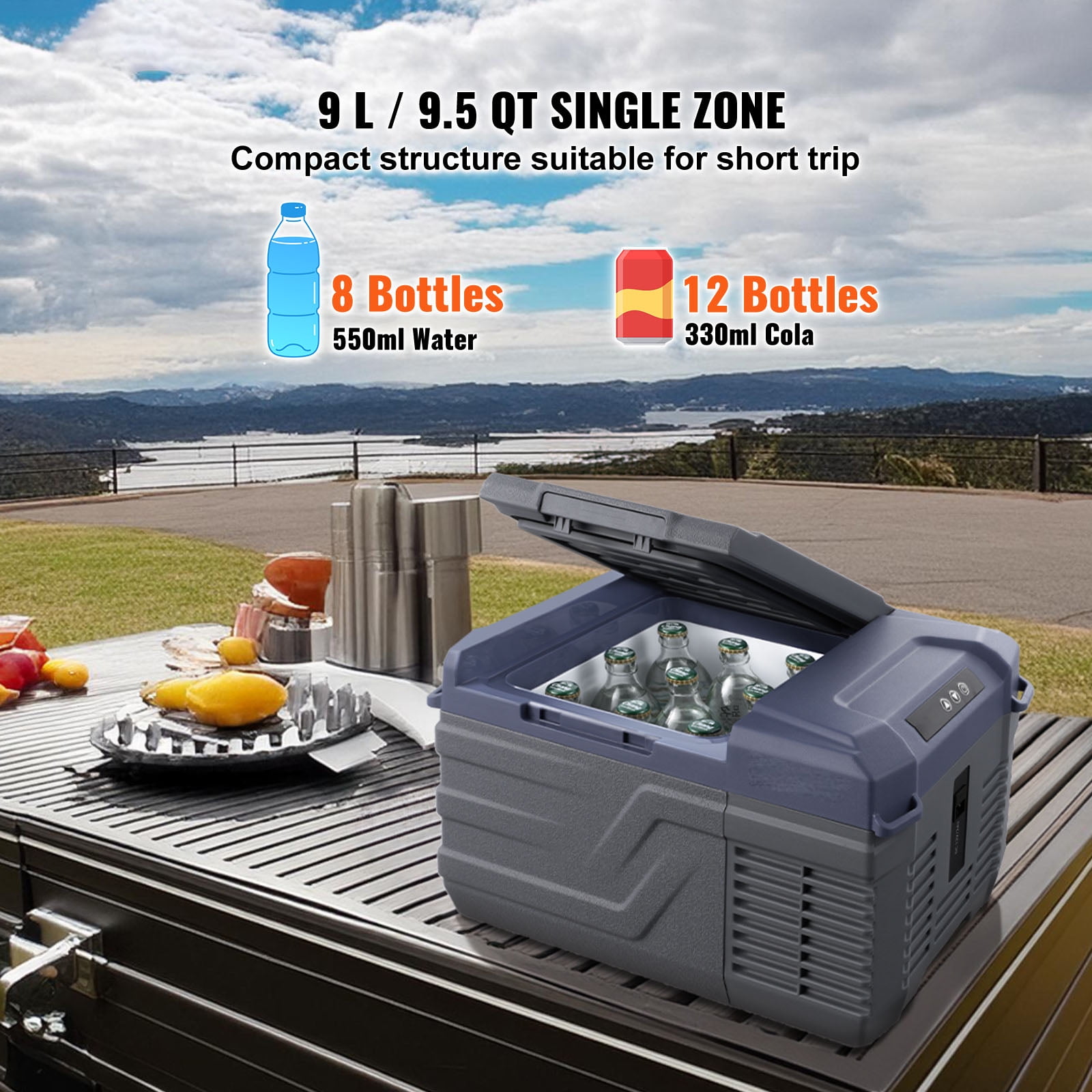 KFFKFF Portable 12V Car Refrigerator, 9L Single Zone Freezer with Adjustable Temperature Range -4℉ to 68℉, Compatible with DC 12/24V and AC 100-240V for Camping, RV, and Outdoor Use
