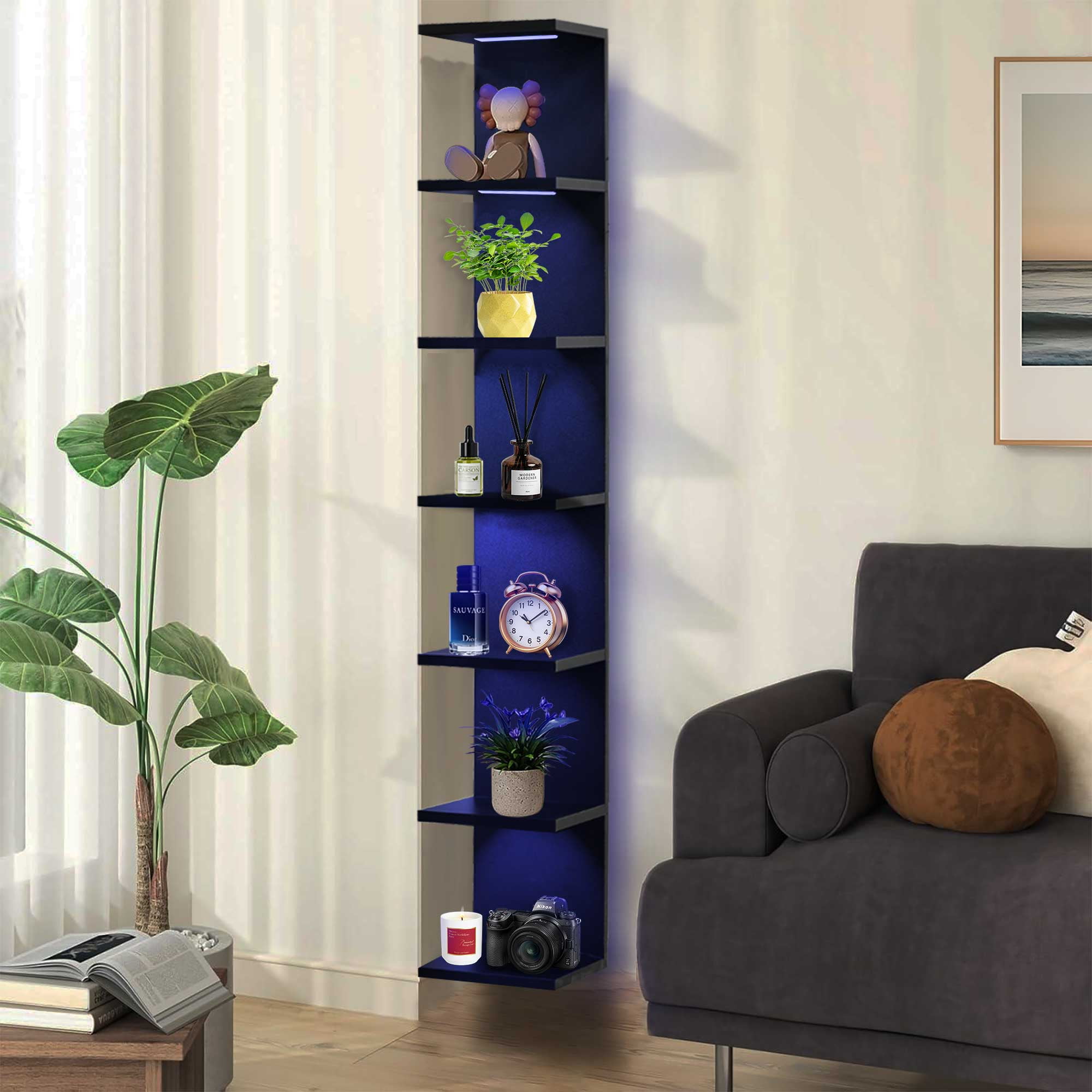 7-Tier Wall Shelf with 10 RGB Lighting Modes, Multifunctional Wall Mounted Vertical Display Floating Shelf for Bedroom Living Room Vanity, Black