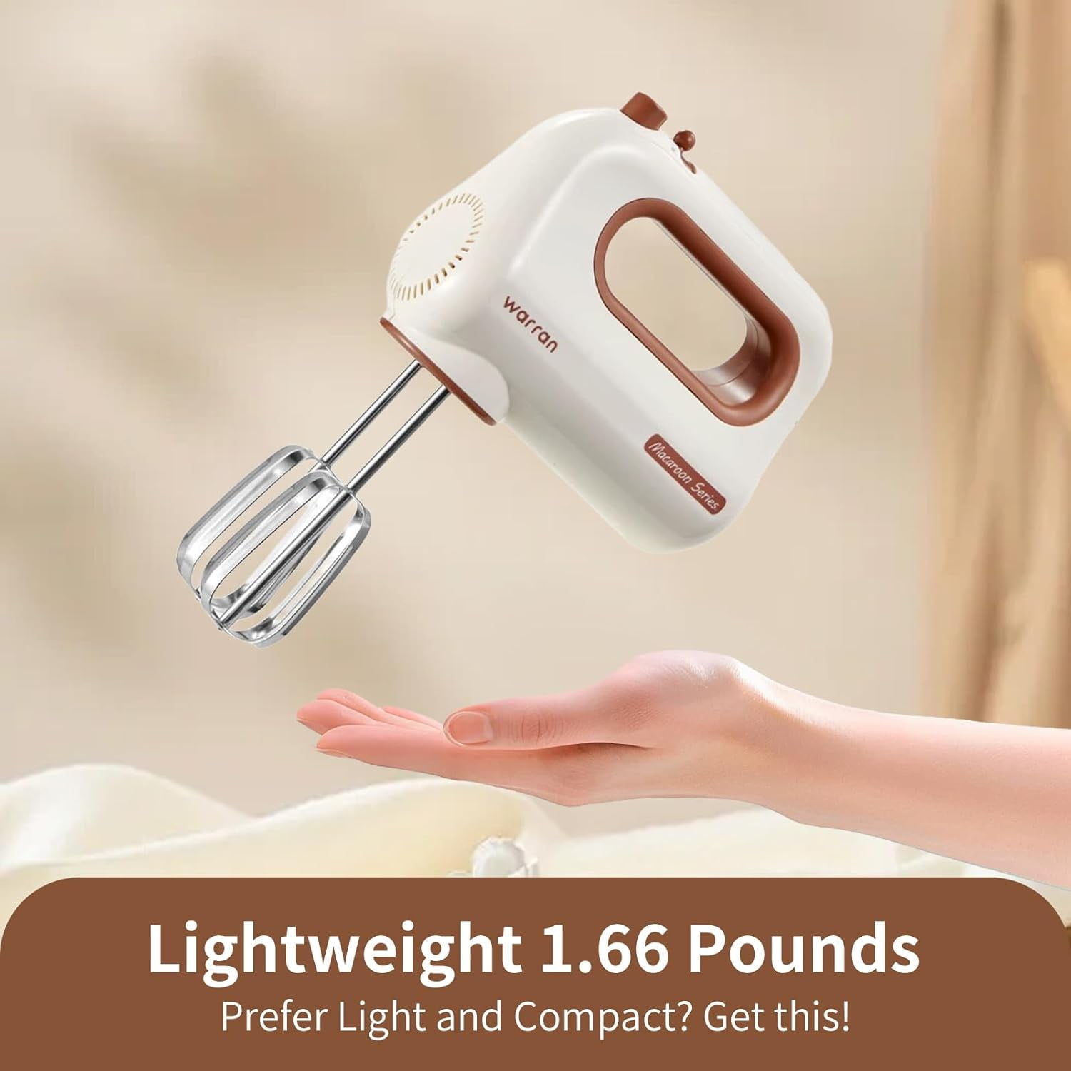 300W Compact Lightweight Electric Hand Mixer with Powerful Quiet  Motor for Baking Cake Brownies Cookie Dough Ideal for Home Kitchen White