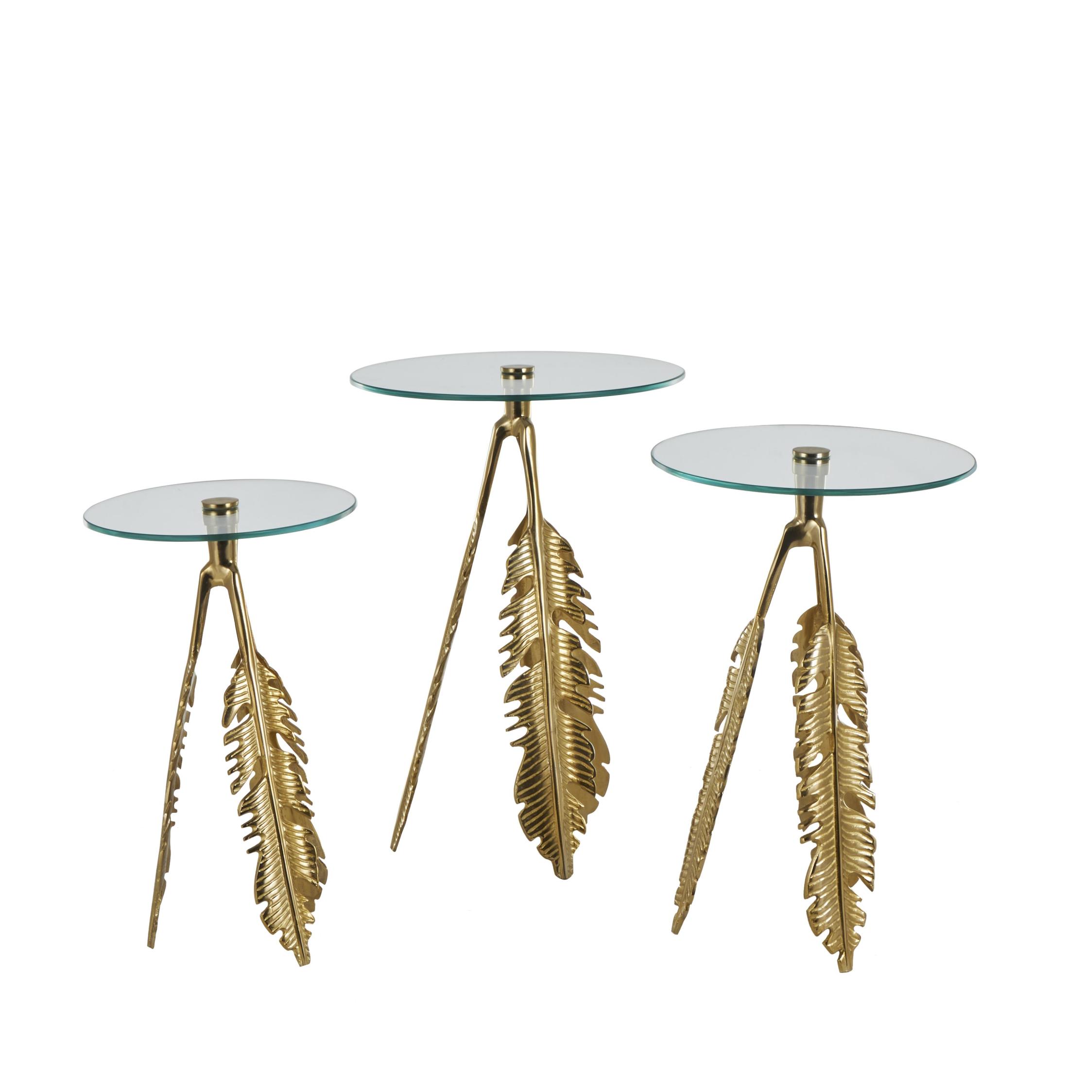 DecMode 16" x 24" Gold Aluminum Metal Leaf Accent Table with Tripod Legs and Tempered Glass Top, 3-Pieces
