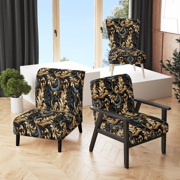 Designart "Blossoms Of Black And Gold In A Damask Pattern I" Black Damask Upholstered Accent Chair - Bohemian & Eclectic Arm Chair For Bedroom