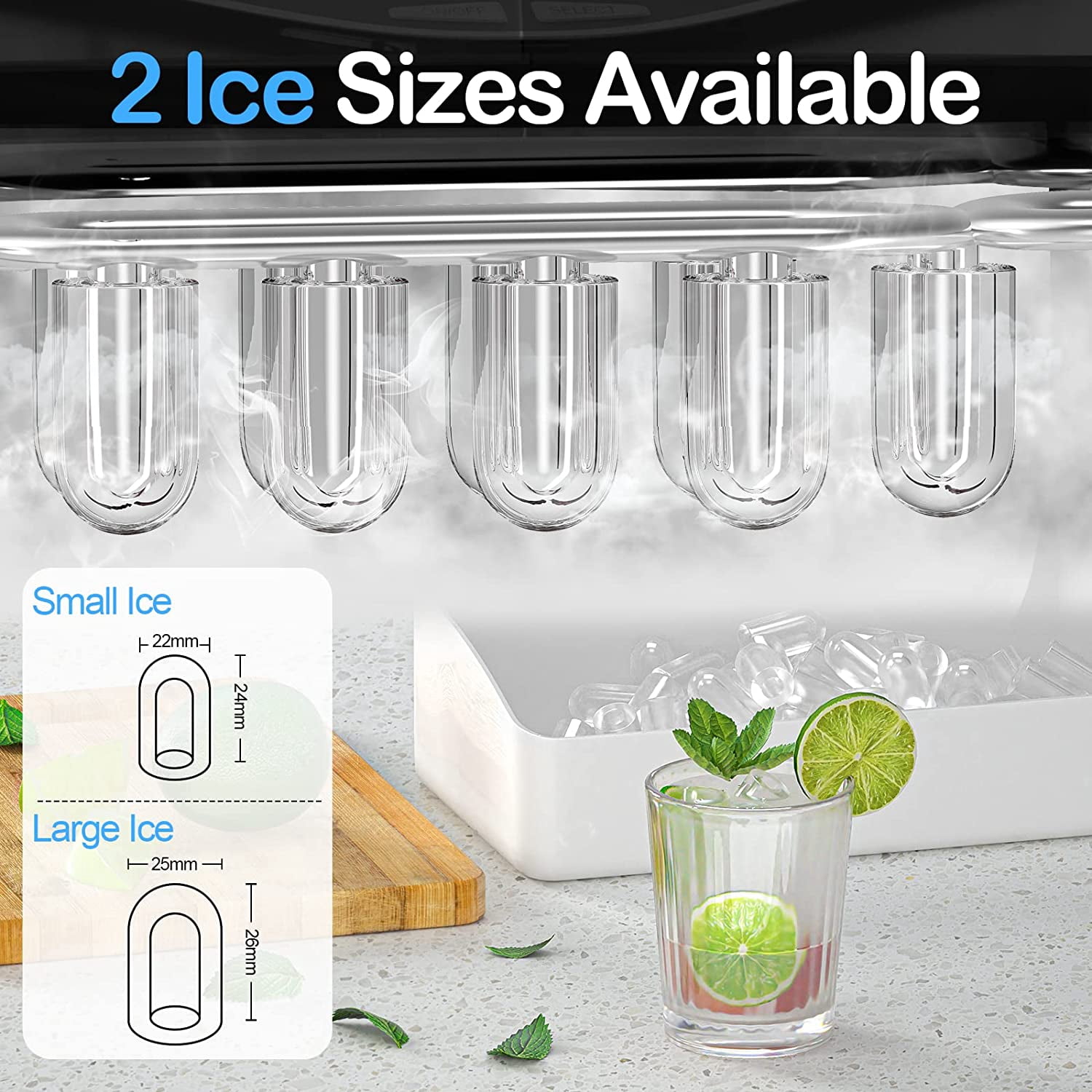 Countertop Ice Maker Machine Self Cleaning 26L/24H Portable Icemaker with Scoop Basket for Home Office Bar Black