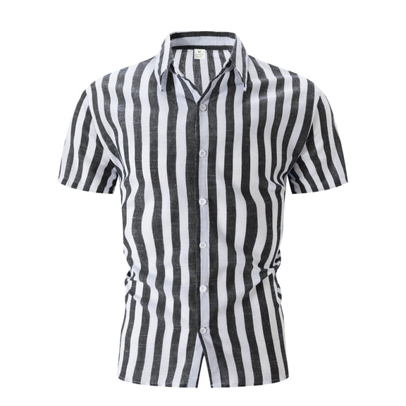 Shirts for Men Short Sleeve Striped Casual Beach Lapel Button Down Summer Shirt Black L