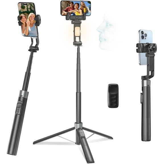 69" Auto Face Tracking Tripod for iPhone/Android, Foldable 2-Axis Phone Gimbal Stabilizer, 360 Degree Rotating, Portable, Extendable with Light & Remote for Fitness, Travel Vlog
