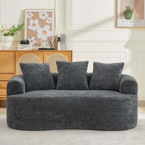 Curved Loveseat, Small Chenille Sofa with 3 Pillows, Deep Seat Couch for Apartment, Living Room, No Assembly Needed