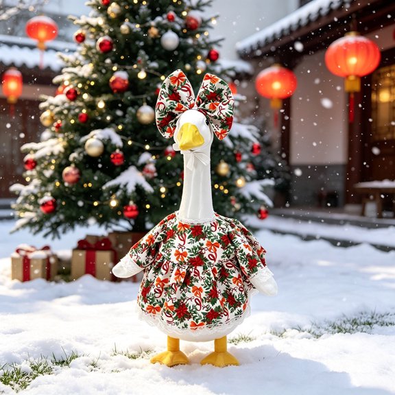 Porch Goose Christmas Dress Set, Cloth Red Outfit with Reindeer Antlers, Soft Fabric Easy On-off Design, for 23in Yard Statue Front Door Holiday Decor