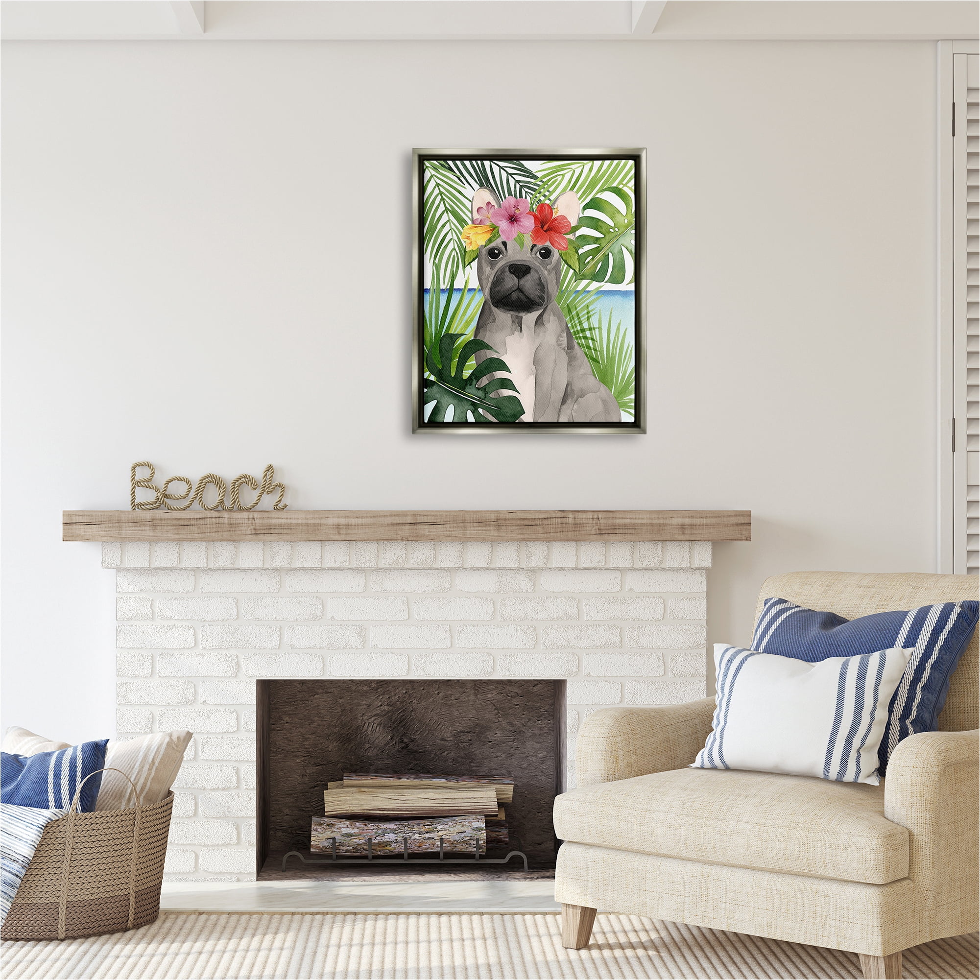 Stupell Industries Tropical French Bulldog Animals & Insects Painting Gray Floater Framed Canvas Art Print Wall Art, 25 x 31