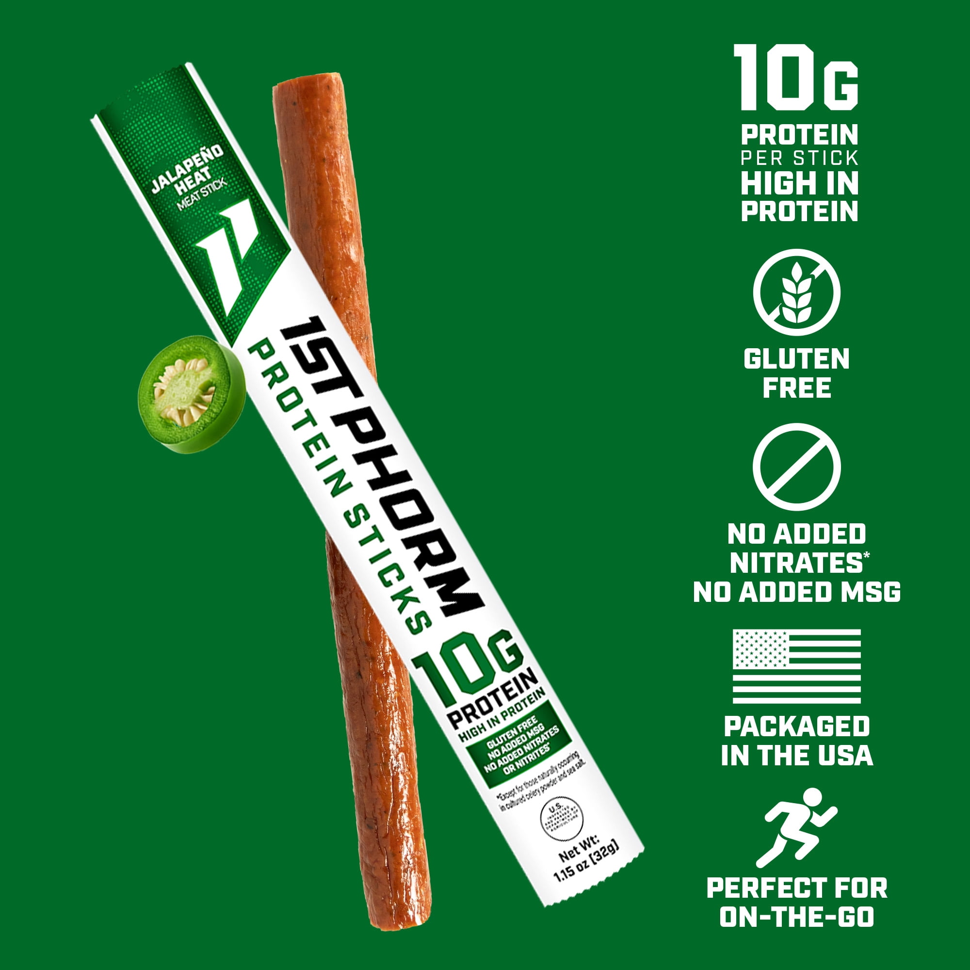 1st Phorm Protein Meat Sticks, Jalapeno Heat, 10g Protein Per 1.15 oz. Stick (8 Count)