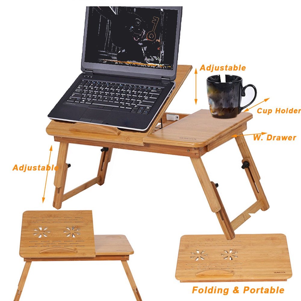 EBTOOLS Portable Folding Lap Desk Adjustable Bamboo Laptop Tray Natural