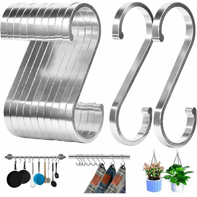 Paquete de 12 ganchos de aluminio en forma de S con acabado pulido para colgar ollas y sartenes, plantas, tazas de café, ropa, toallas en la cocina, el baño. JAMW Sencillez