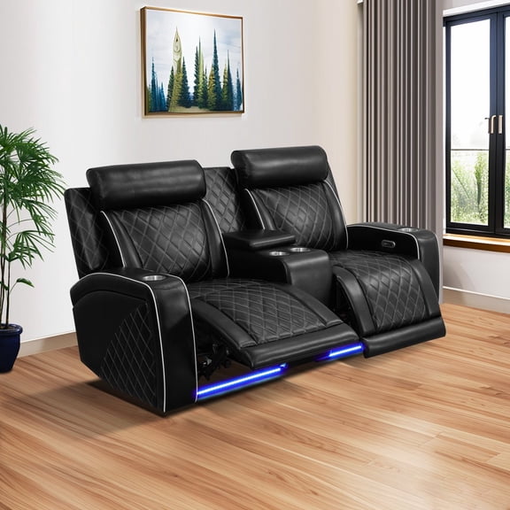 Black Breathable Leather Living Room Functional Loveseat Sofa