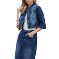 thumbnail image 4 of Womens Denim Jacket 2026 Casual 3/4 Sleeve Collared Button Down Crop Jean Jacket Coats XS Deep Blue, 4 of 6