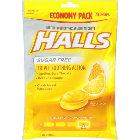 - Halls Sugar Free Honey Lemon Cough Suppressant/Oral Anesthetic Menthol Drops 70 ct Bag