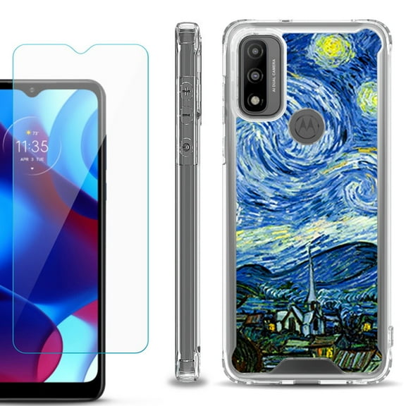 Shockproof Bumper Phone Case for Motorola Moto G Pure, with Tempered Glass Screen Protector, by OneToughShield ® - Starry Night Paris