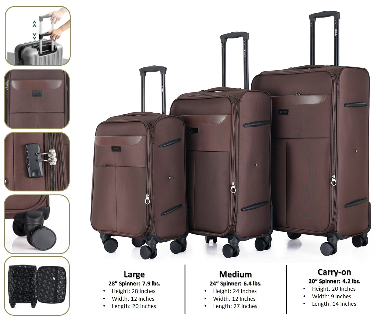 IZOD Liam Soft Shell Lightweight Expandable 360 Dual Spinning Wheels Combo Lock 28", 24", 20" 3 Piece Luggage Set