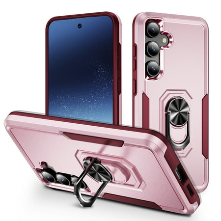 Hybrid Rugged Case for Samsung Galaxy S24 Phone, Military Grade Heavy Duty Shockproof Rotatable Magnetic Ring Holder Kickstand Armor Dual Layer Cover for Galaxy S24, Pink