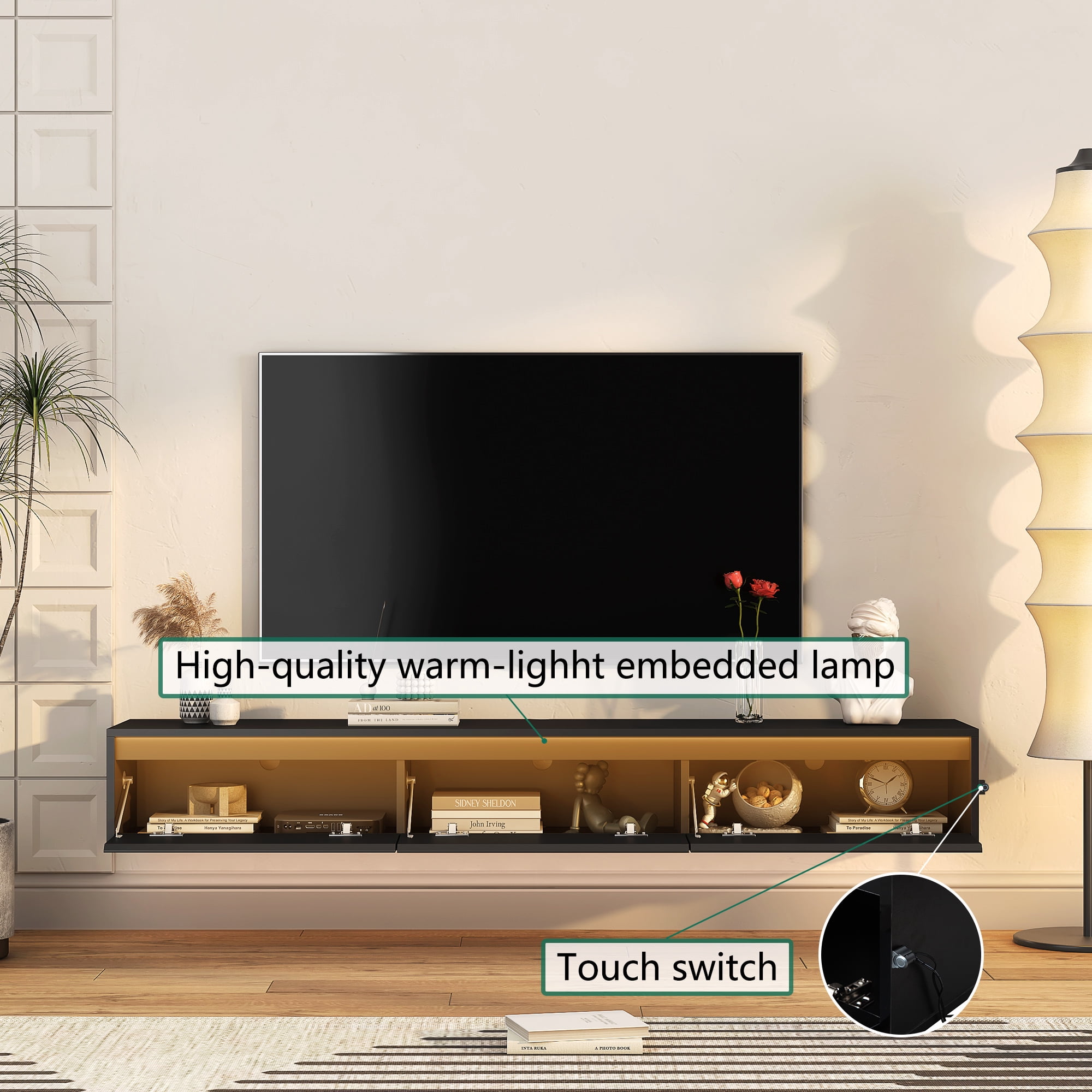 Aukfa Floating TV Stand for TVs up to 65" 70",Wall Mounted TV Shelf High Gloss TV Cabinet,Black