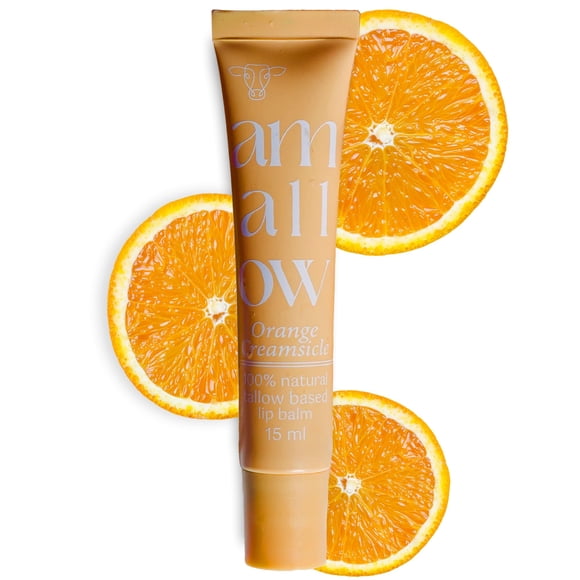 Amallow All Natural Tallow Lip Balm Tubo exprimible – Sebo de carne alimentado con pasto/acabado + cera de abejas orgánica y aceites esenciales de vainilla y naranja .5 oz (crema de naranja)