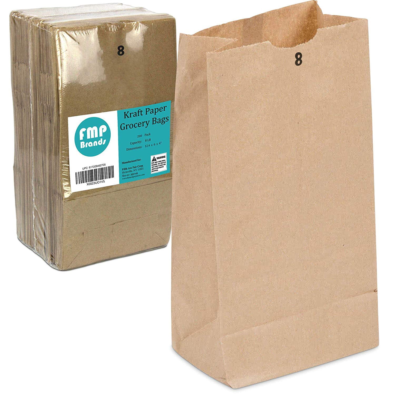 Fit Meal Prep Kraft Paper Bags 12.4 x 6 x 4' 8 LB Grocery Lunch Retail Shopping Durable Bleached Barrel Sack, 200 Pack