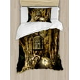 thumbnail image 1 of Fantasy Duvet Cover Set, House in Tree Trunk in Forest with Folk Stories Themed Design Rustic Illustration, Decorative 2 Piece Bedding Set with 1 Pillow Shams, Twin Size, Umber Brown, by Ambesonne, 1 of 3