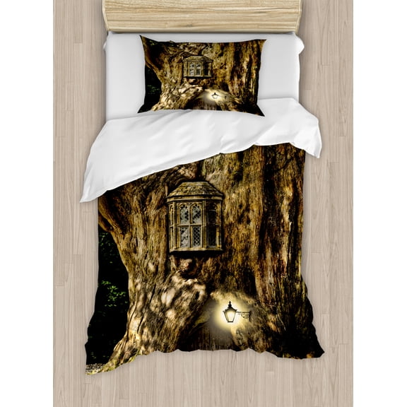 Fantasy Duvet Cover Set, House in Tree Trunk in Forest with Folk Stories Themed Design Rustic Illustration, Decorative 2 Piece Bedding Set with 1 Pillow Shams, Twin Size, Umber Brown, by Ambesonne
