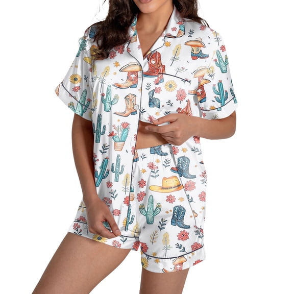 RMGVDSD Womens Pajama Sets Graphic Print Cowboy Pajamas Short Sleeve Sleepwear Button Down Shirt and Shorts Stylish Loungewear Set