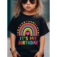 thumbnail image 1 of IT'S MY BIRTHDAY & Doodled Rainbow & Heart Graphic Print, Girls' Casual & Comfy Crew Neck Short Sleeve T-shirt For Spring & Summer, Girls' Tee & Clothes For Outdoor Activities, 1 of 7