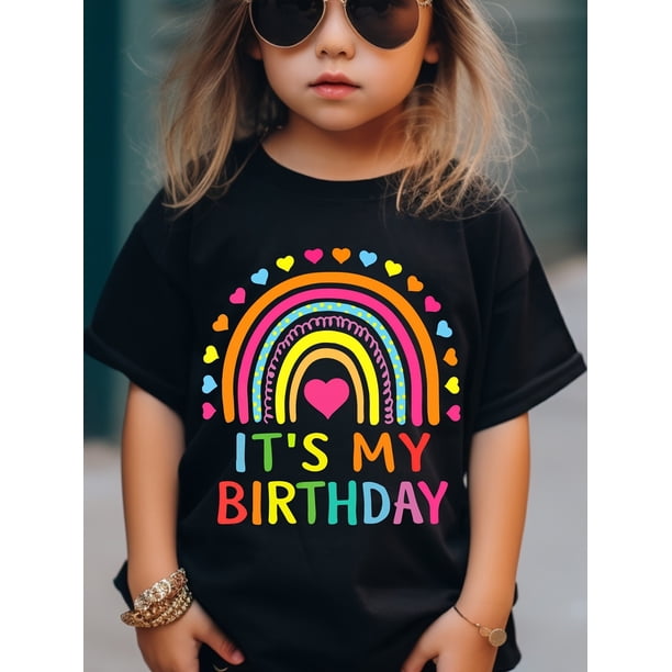IT'S MY BIRTHDAY & Doodled Rainbow & Heart Graphic Print, Girls' Casual & Comfy Crew Neck Short Sleeve T-shirt For Spring & Summer, Girls' Tee & Clothes For Outdoor Activities