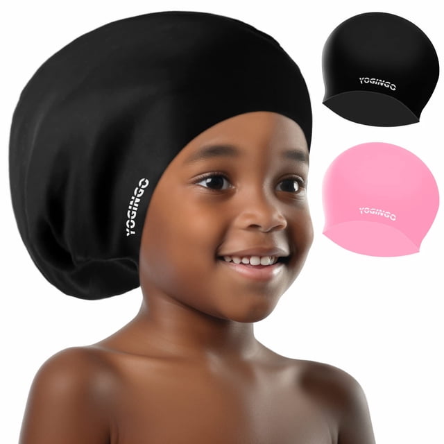 Gorro de natación YOGINGO extra grande para niños de 6 a 14 años, negro y rosa